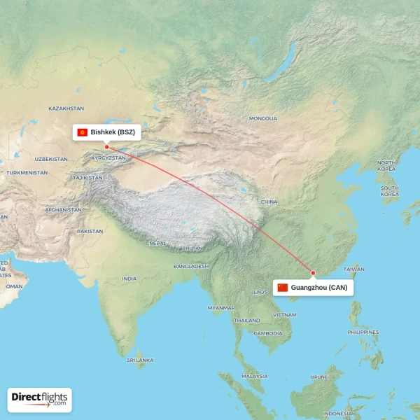 Guangzhou - Bishkek direct flight map