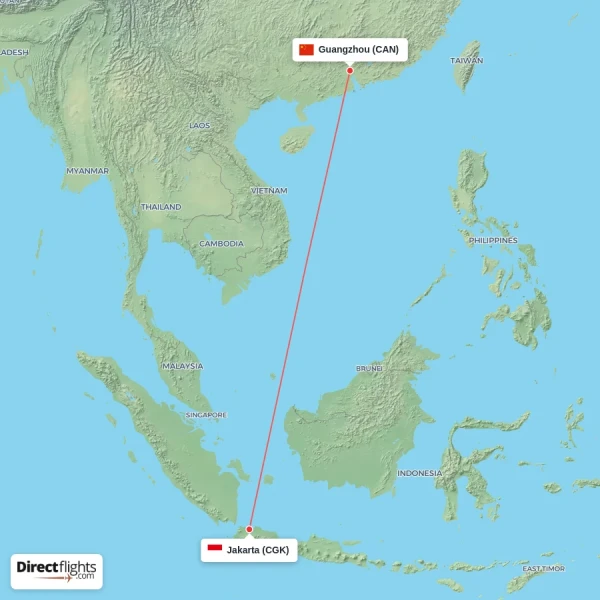 Guangzhou - Jakarta direct flight map