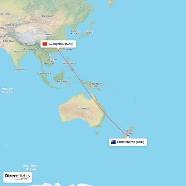 Guangzhou - Christchurch direct flight map