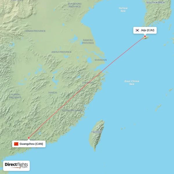 Guangzhou - Jeju direct flight map