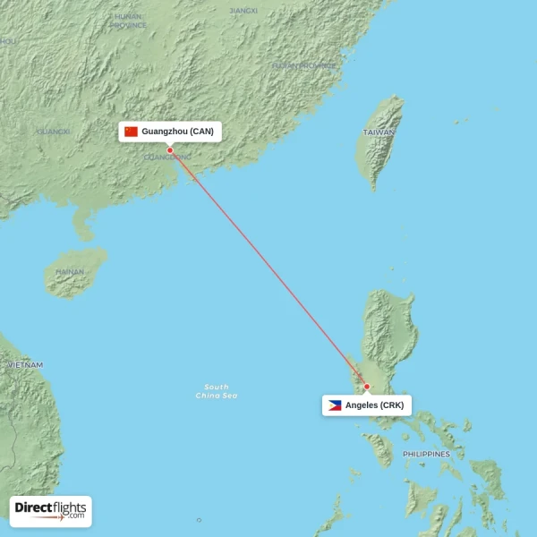 Guangzhou - Angeles direct flight map