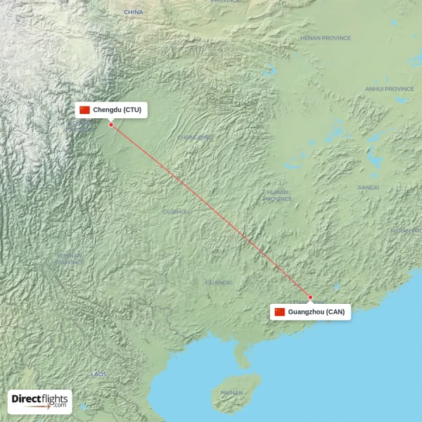 Guangzhou - Chengdu direct flight map
