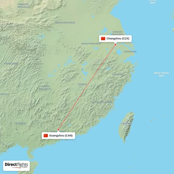Guangzhou - Changzhou direct flight map