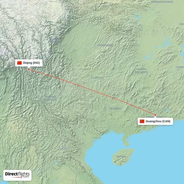 Guangzhou - Diqing direct flight map