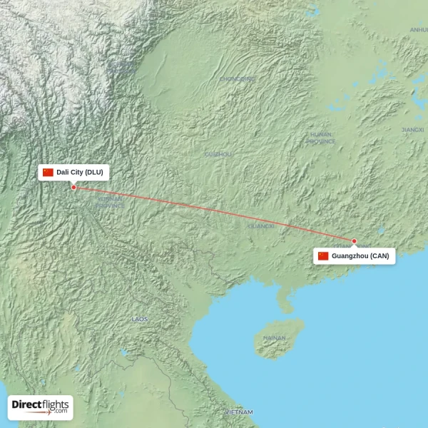 Guangzhou - Dali City direct flight map