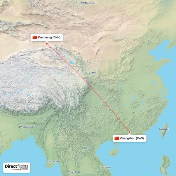 Guangzhou - Dunhuang direct flight map