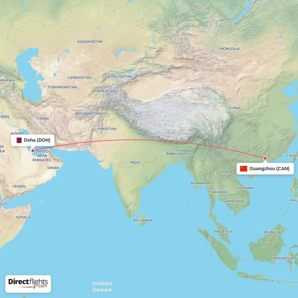 Guangzhou - Doha direct flight map