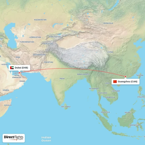 Guangzhou - Dubai direct flight map