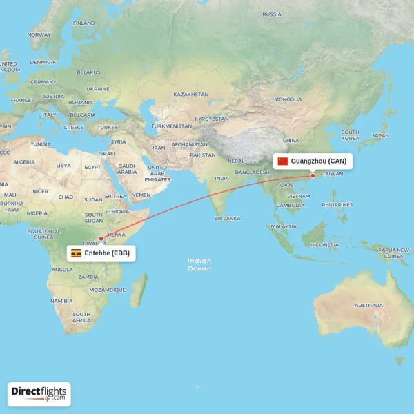 Guangzhou - Entebbe direct flight map