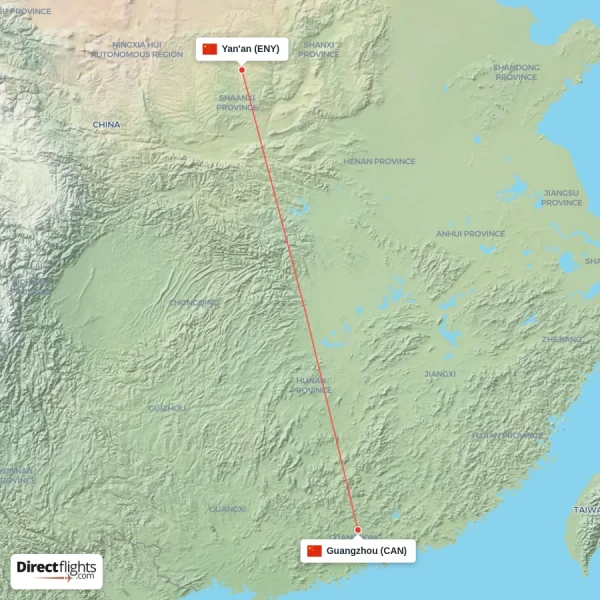 Guangzhou - Yan'an direct flight map