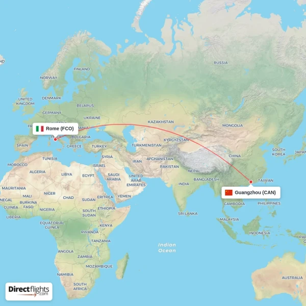 Guangzhou - Rome direct flight map
