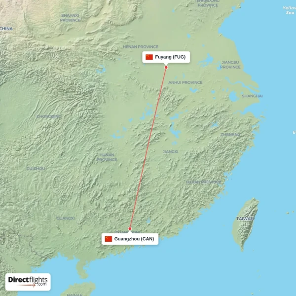 Guangzhou - Fuyang direct flight map