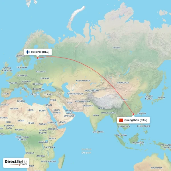 Guangzhou - Helsinki direct flight map