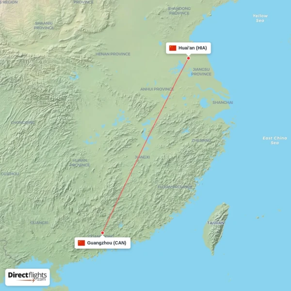 Guangzhou - Huai'an direct flight map
