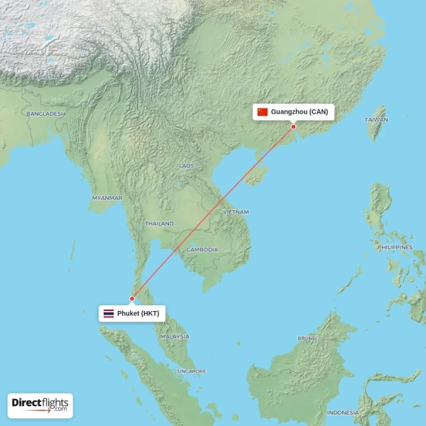 Guangzhou - Phuket direct flight map