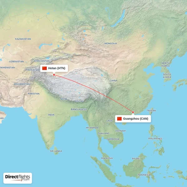 Guangzhou - Hotan direct flight map