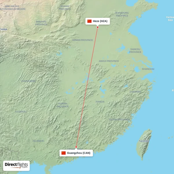 Guangzhou - Heze direct flight map