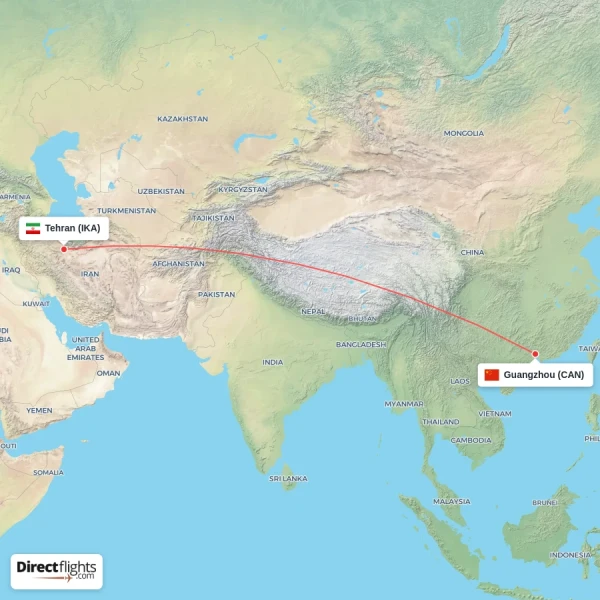 Guangzhou - Tehran direct flight map