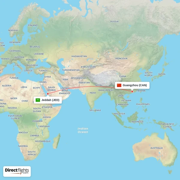 Guangzhou - Jeddah direct flight map