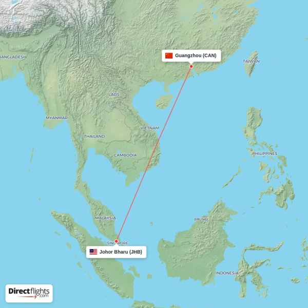 Guangzhou - Johor Bharu direct flight map