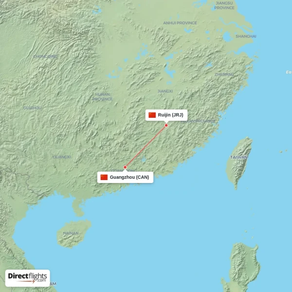 Guangzhou - Ruijin direct flight map