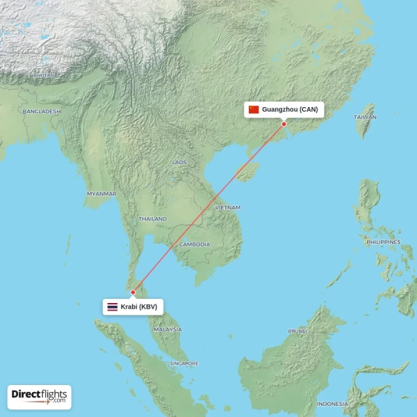 Guangzhou - Krabi direct flight map