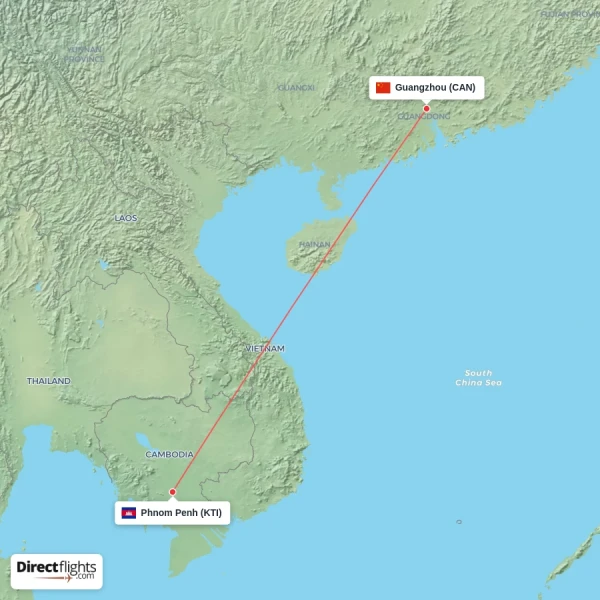 Guangzhou - Phnom Penh direct flight map