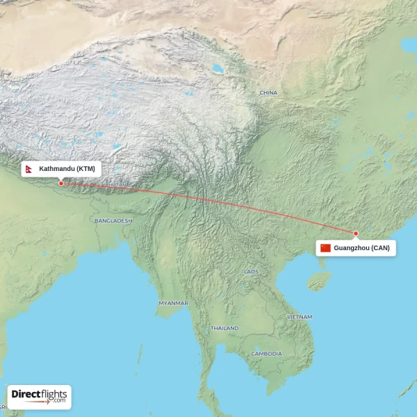 Guangzhou - Kathmandu direct flight map