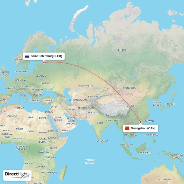 Guangzhou - Saint Petersburg direct flight map