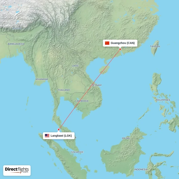 Guangzhou - Langkawi direct flight map