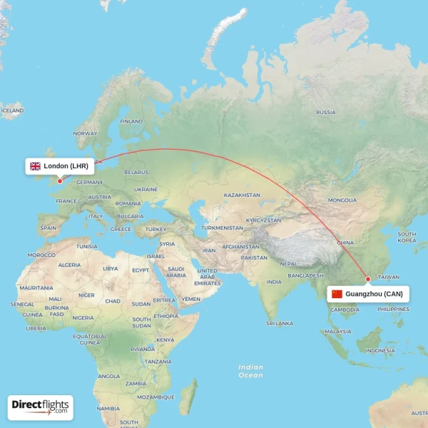 Guangzhou - London direct flight map