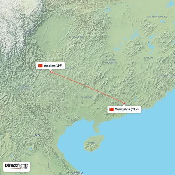 Guangzhou - Yuezhao direct flight map