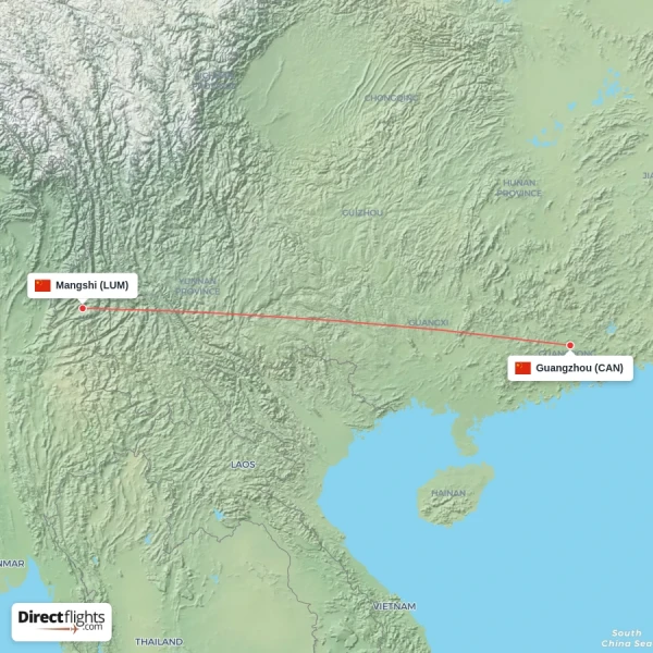 Guangzhou - Mangshi direct flight map