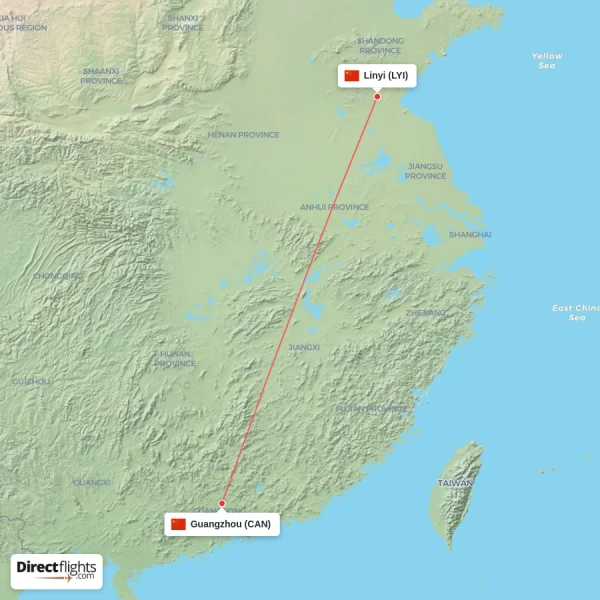 Guangzhou - Linyi direct flight map