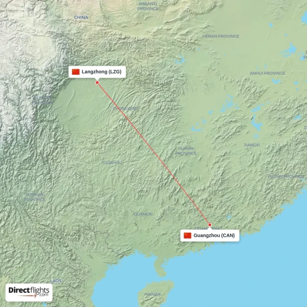Guangzhou - Langzhong direct flight map
