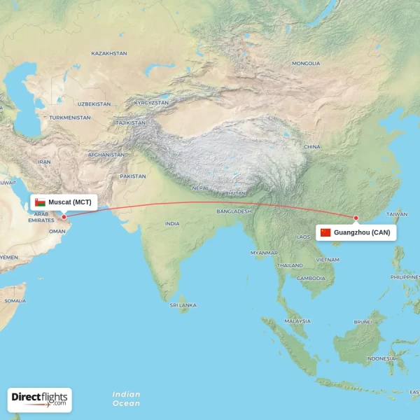 Guangzhou - Muscat direct flight map