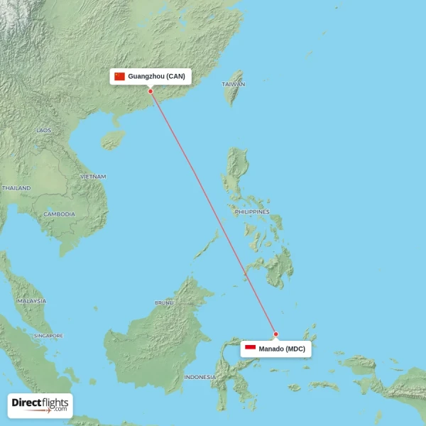 Guangzhou - Manado direct flight map