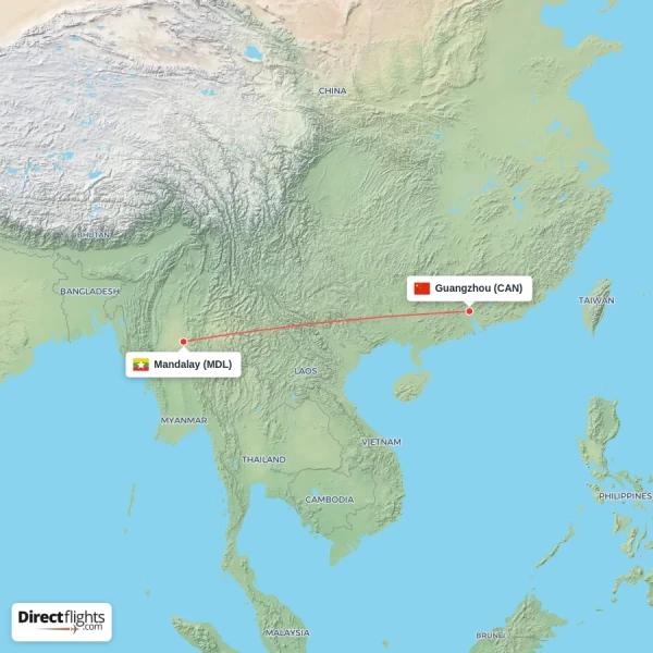 Guangzhou - Mandalay direct flight map