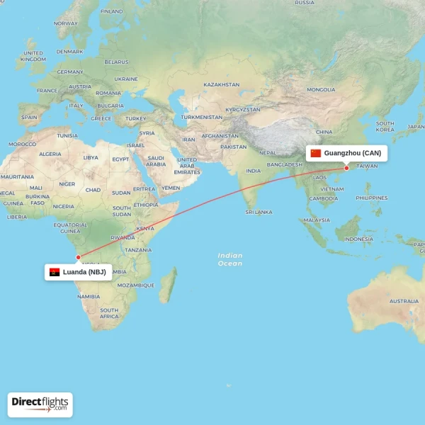 Guangzhou - Luanda direct flight map