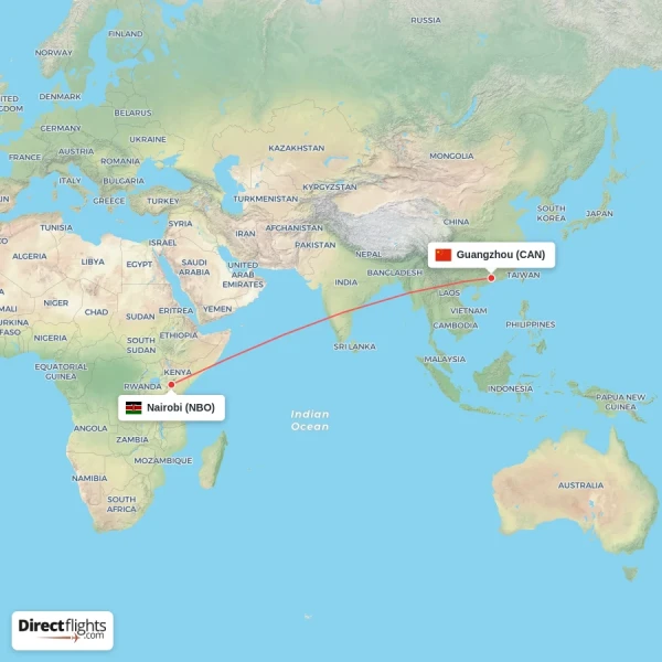 Guangzhou - Nairobi direct flight map