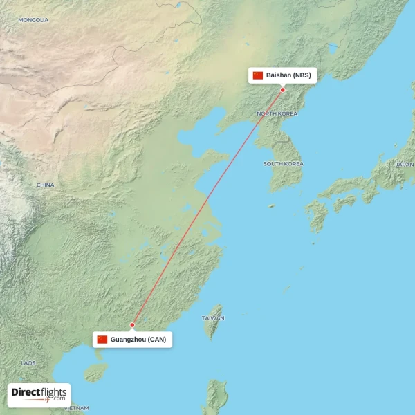 Guangzhou - Baishan direct flight map