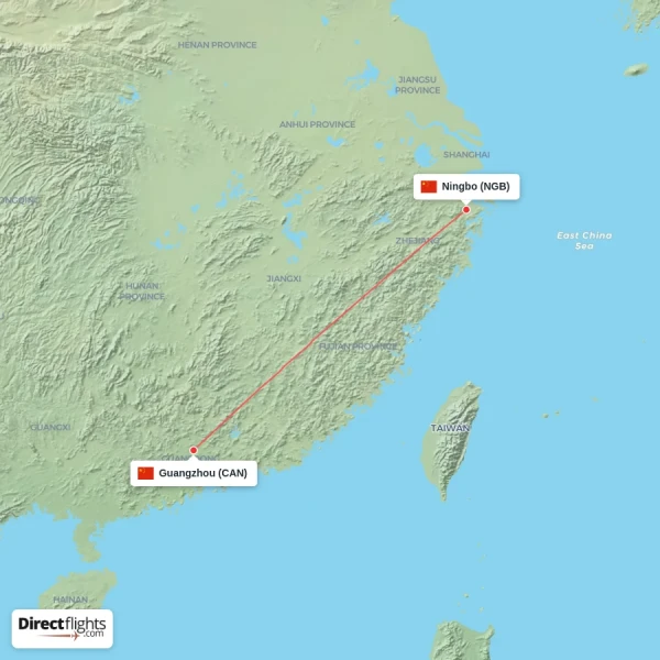 Guangzhou - Ningbo direct flight map