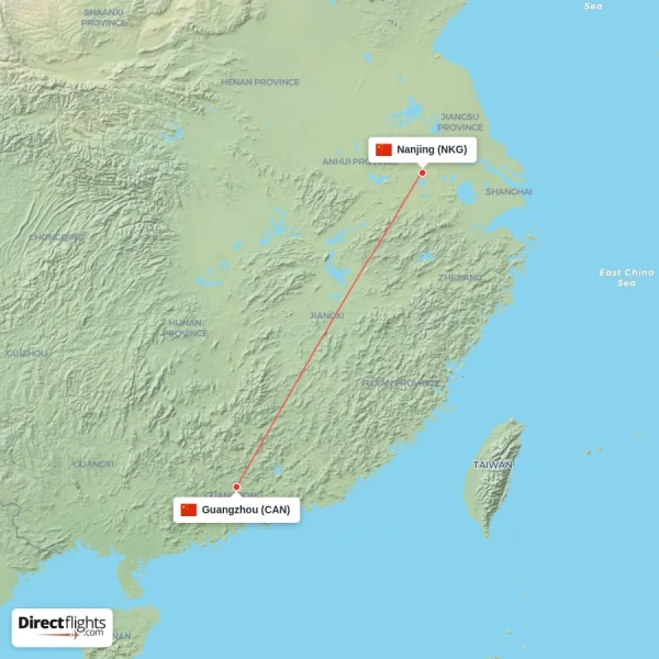Guangzhou - Nanjing direct flight map