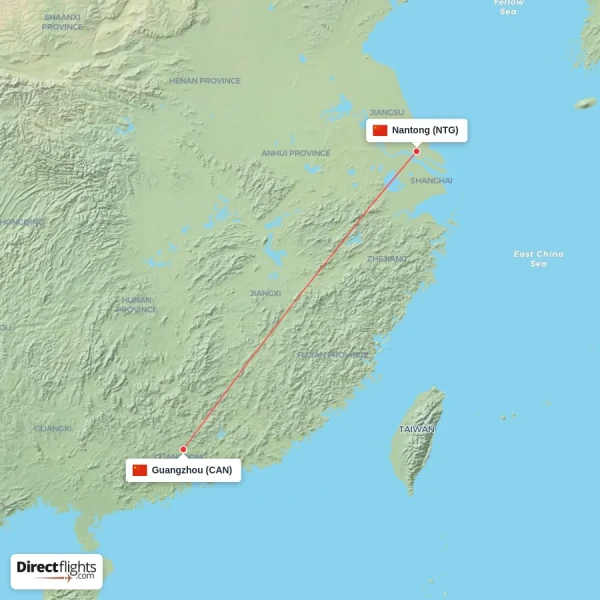 Guangzhou - Nantong direct flight map