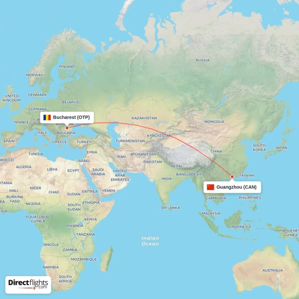 Guangzhou - Bucharest direct flight map