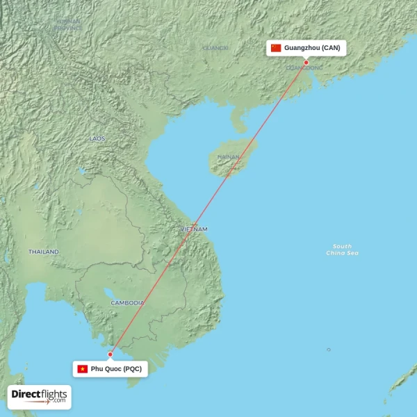 Guangzhou - Phu Quoc direct flight map