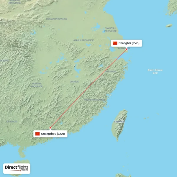 Guangzhou - Shanghai direct flight map