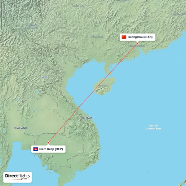 Guangzhou - Siem Reap direct flight map