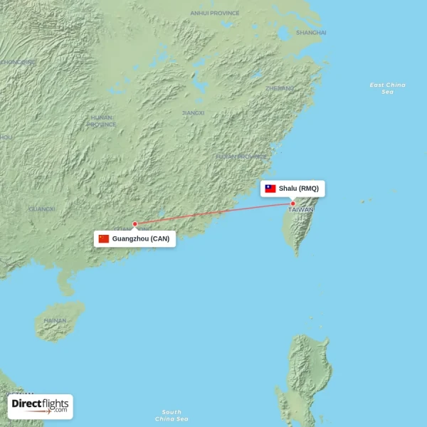 Guangzhou - Shalu direct flight map