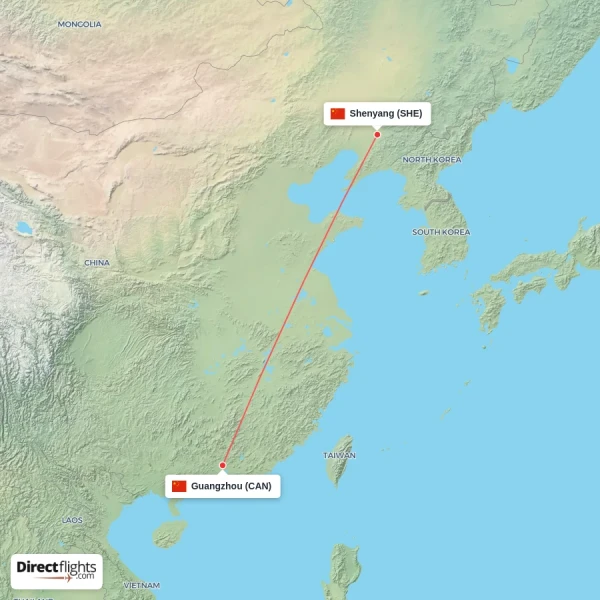 Guangzhou - Shenyang direct flight map